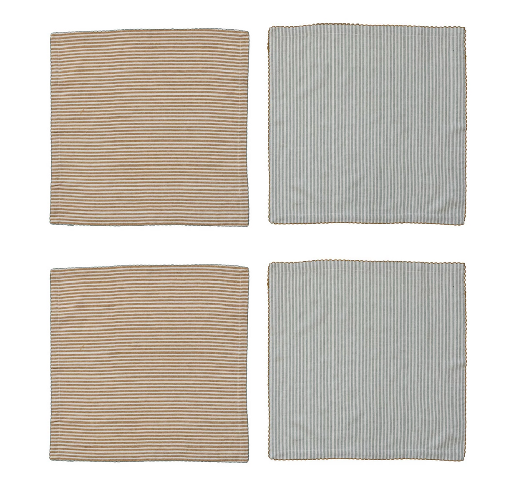 18" Square Cotton Napkins w/ Blue, Cream & Brown Stripes, Set of 4