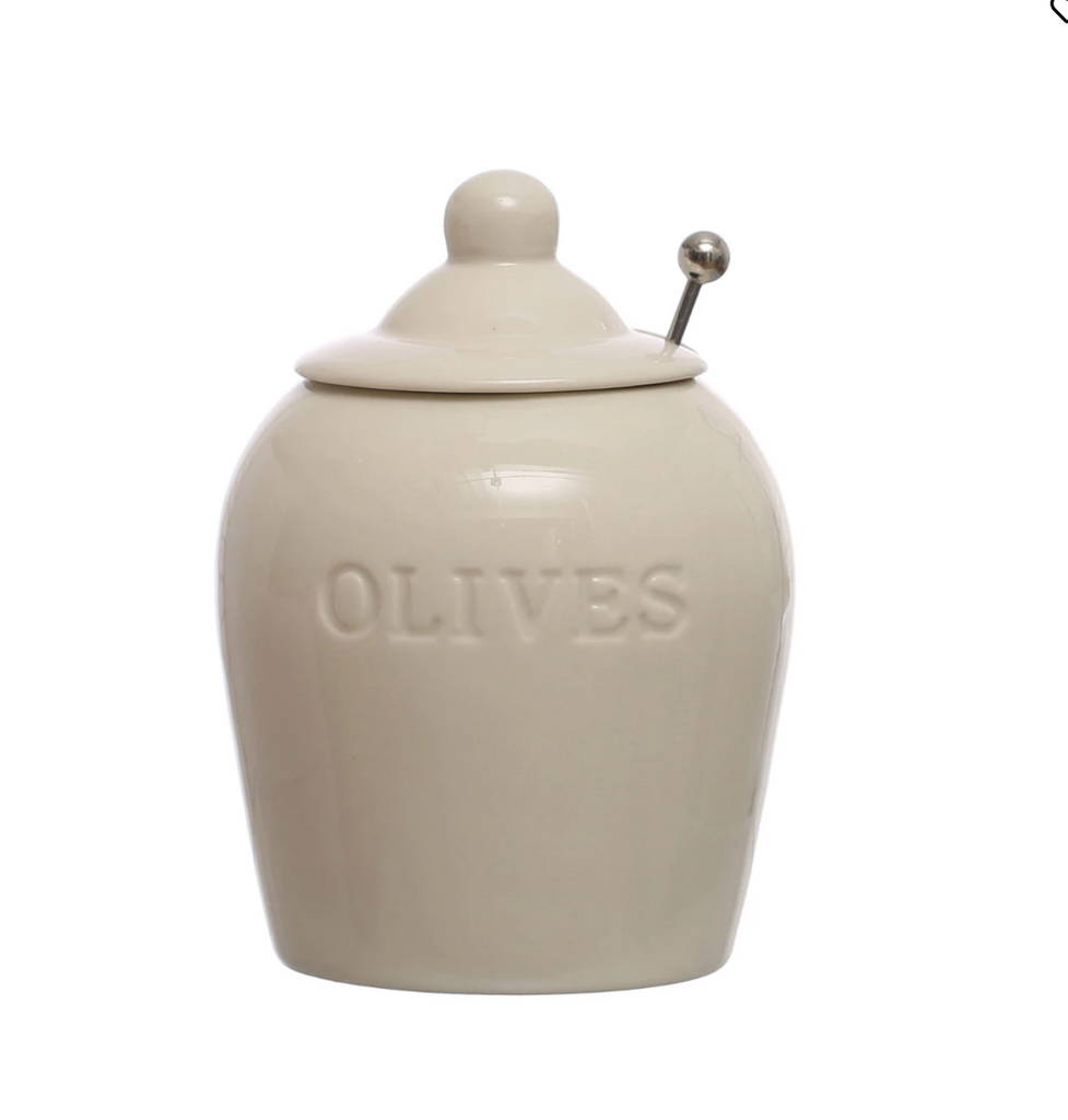 Stoneware "Olive" Jar w/ Slotted Spoon, Natural White