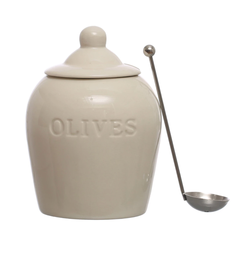 Stoneware "Olive" Jar w/ Slotted Spoon, Natural White