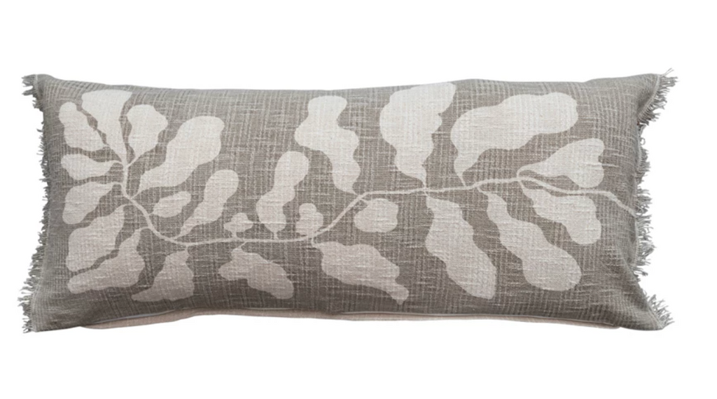 36" x 16" Cotton Lumbar Pillow w/ Botanical Print & Fringe, Sage & Natural