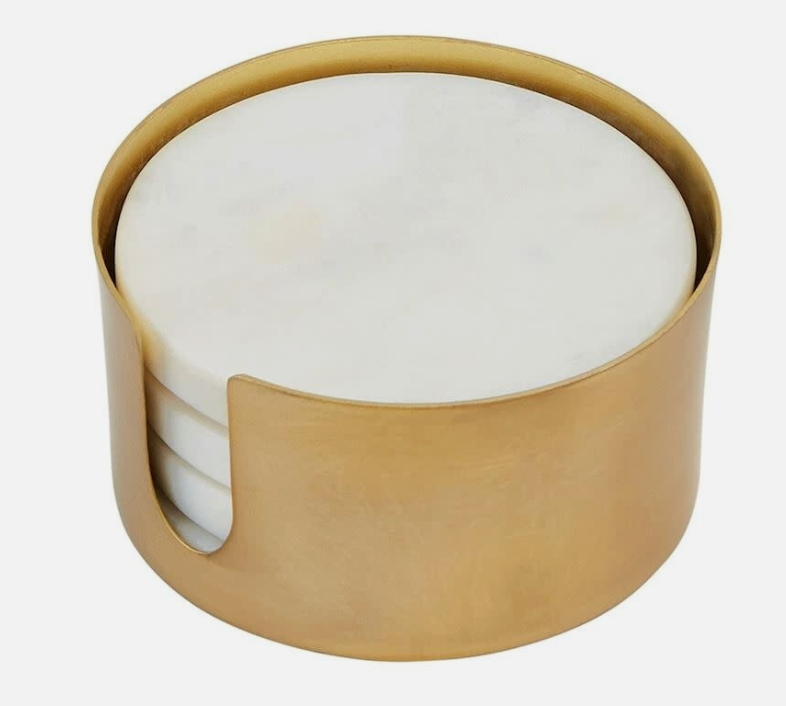 White Marble Coaster Set with Brass Holder, Set of 5