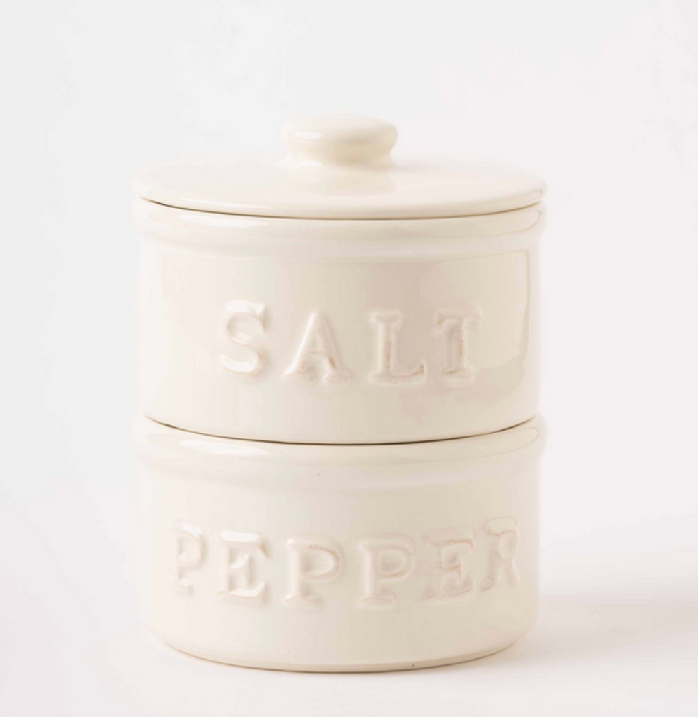 Stacked Stoneware Salt & Pepper Cellar Set w/ Lid, 3 Pieces