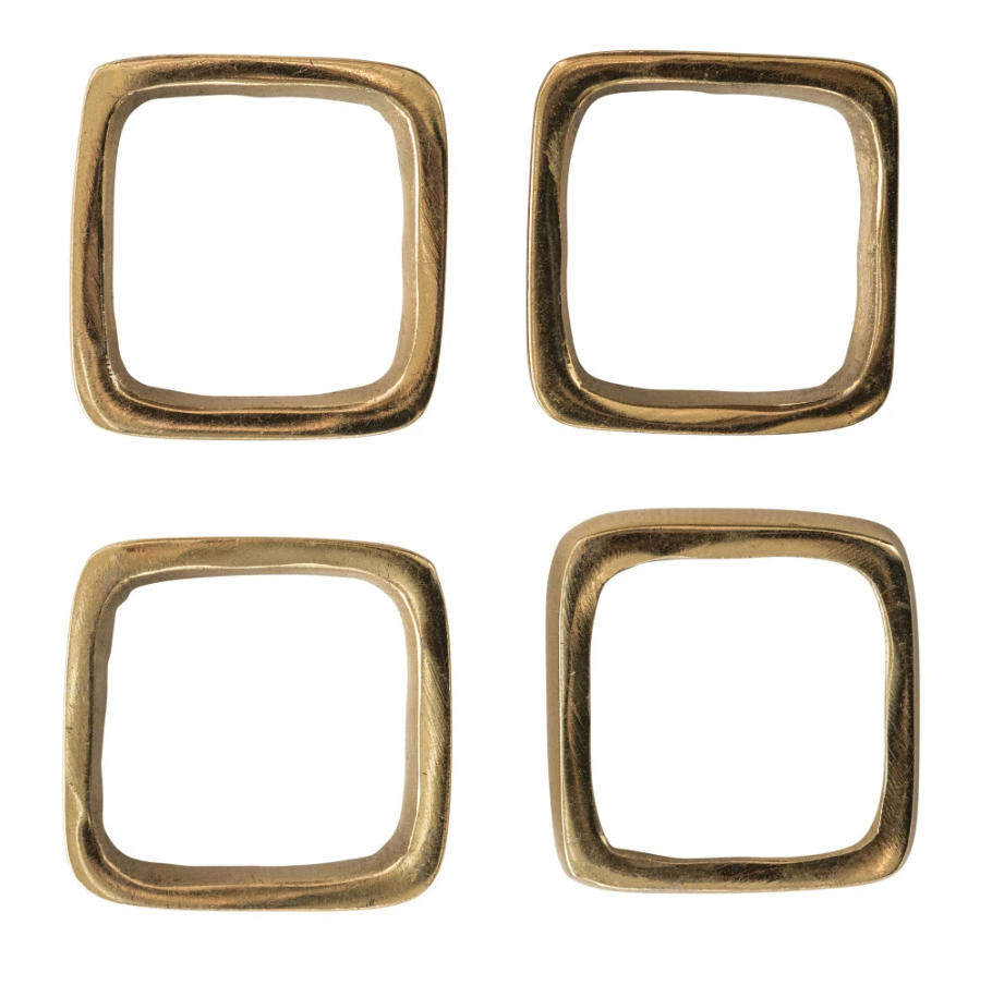 Brass Finish Napkin Rings on Leather Tie, Set of 4