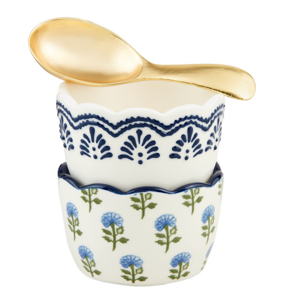 Green & Blue Floral Tidbit Set with Brass Finish Spoon, 3 Pieces