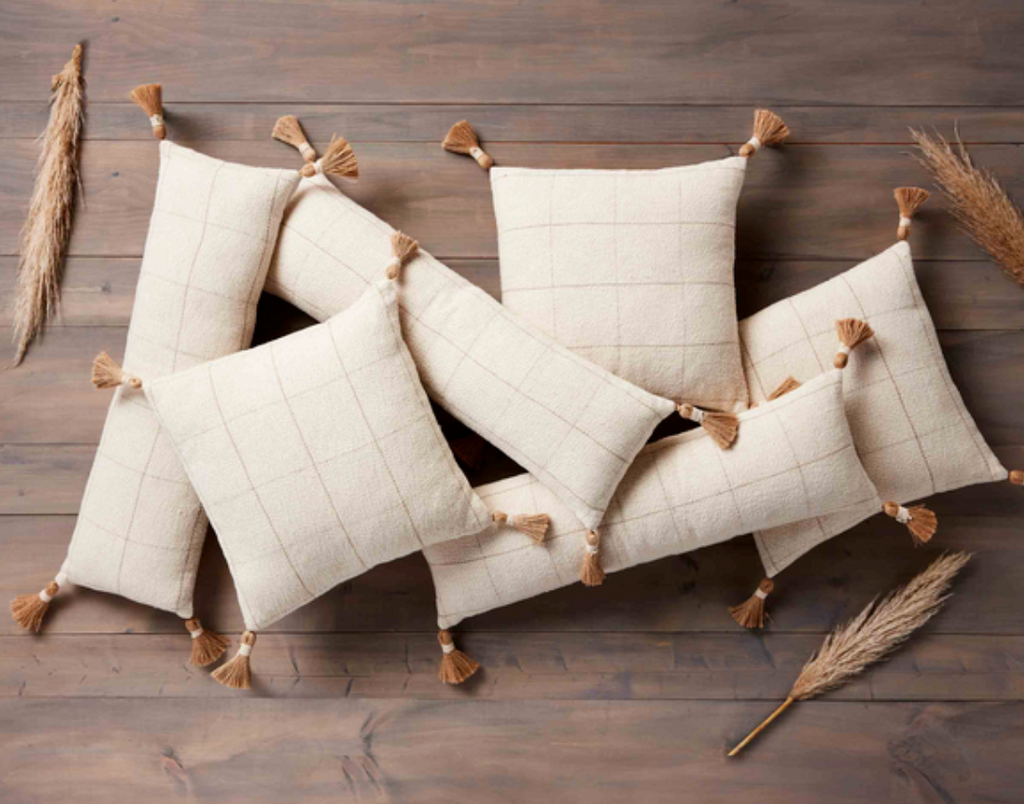 Square Woven Check Pillow with Jute Tassels