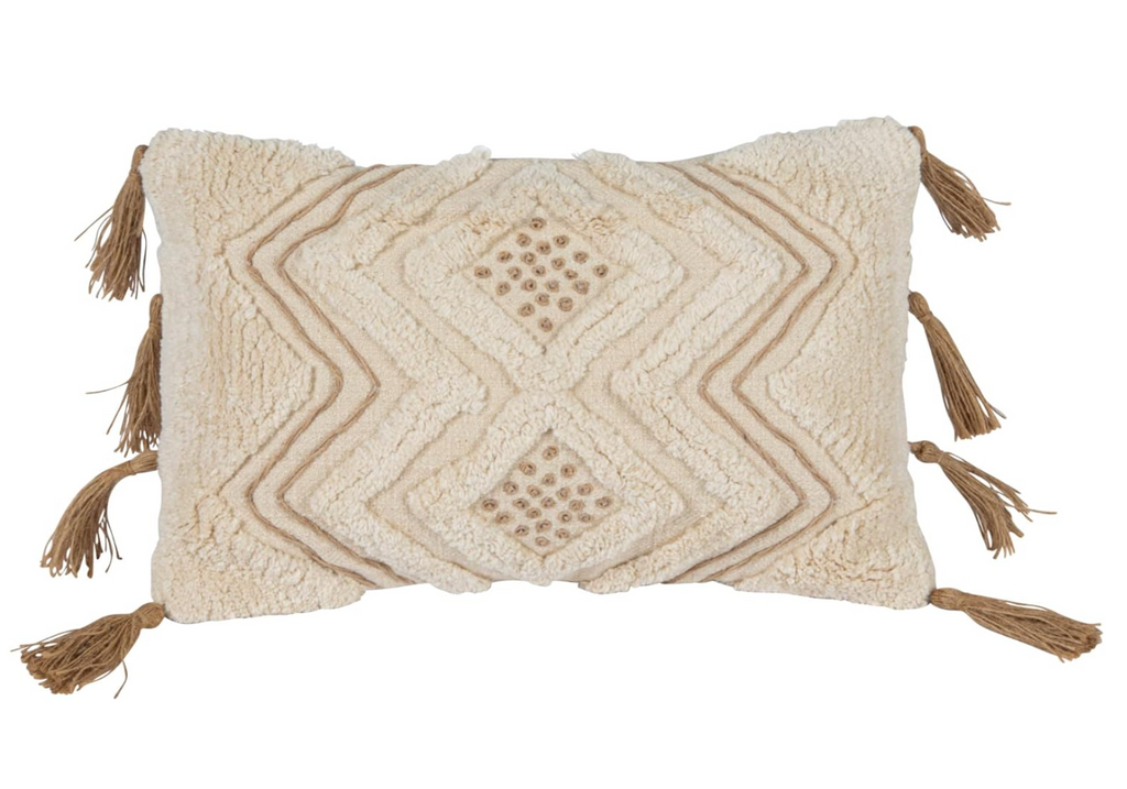 Tufted Geometric Lumbar Pillow with Jute Tassels, Natural