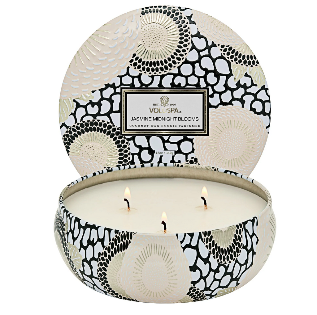 Voluspa Jasmine Midnight Blooms 3 Wick Candle in Decorative Tin