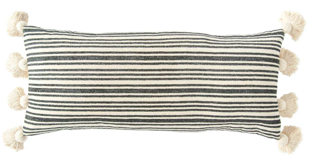 36" x 16" Woven Striped Lumbar Pillow with Tassels, Black & Cream
