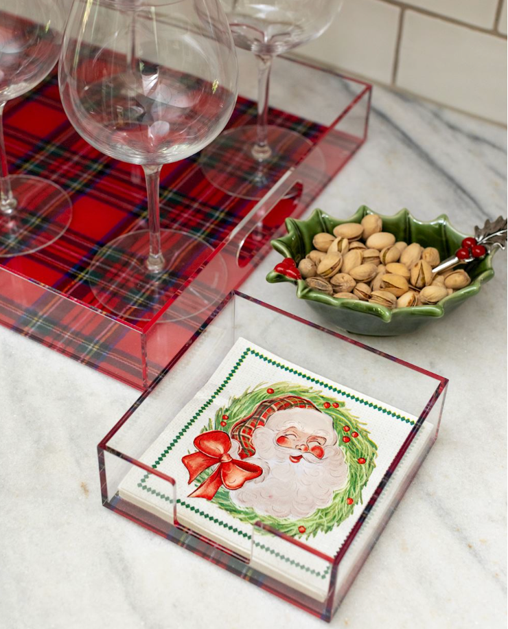 Tartan Napkin Caddy w/ Santa Beverage Napkins