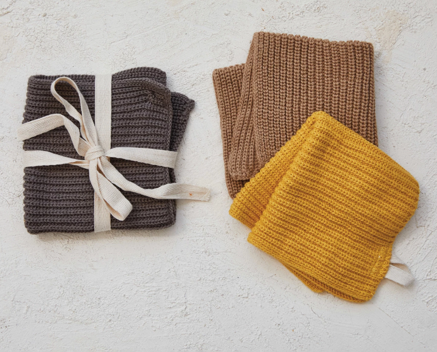 Cotton Knit Dish Cloths w/ Loop, Grey, Beige & Mustard Color, Set of 3