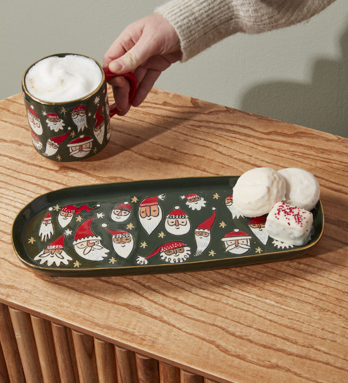 Jolly Santas Green & Gold Tray