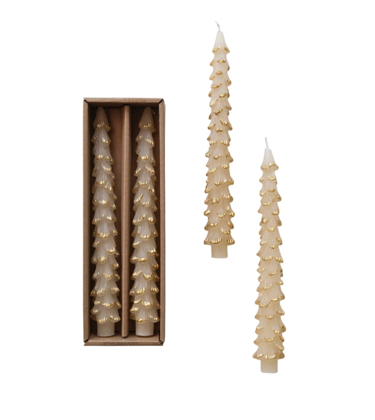 Boxed Tree Shaped Taper Candles, Ivory & Gold Set of 2