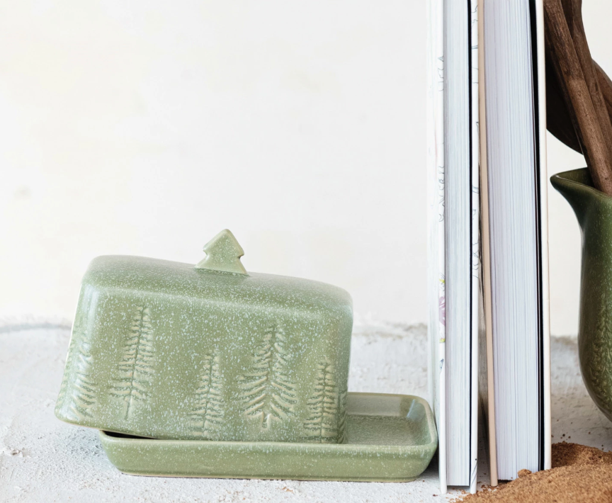 Debossed Stoneware Butter Dish w/ Trees , Green