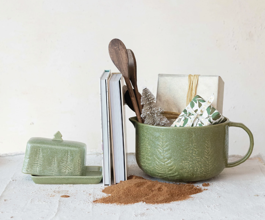 Debossed Stoneware Butter Dish w/ Trees , Green