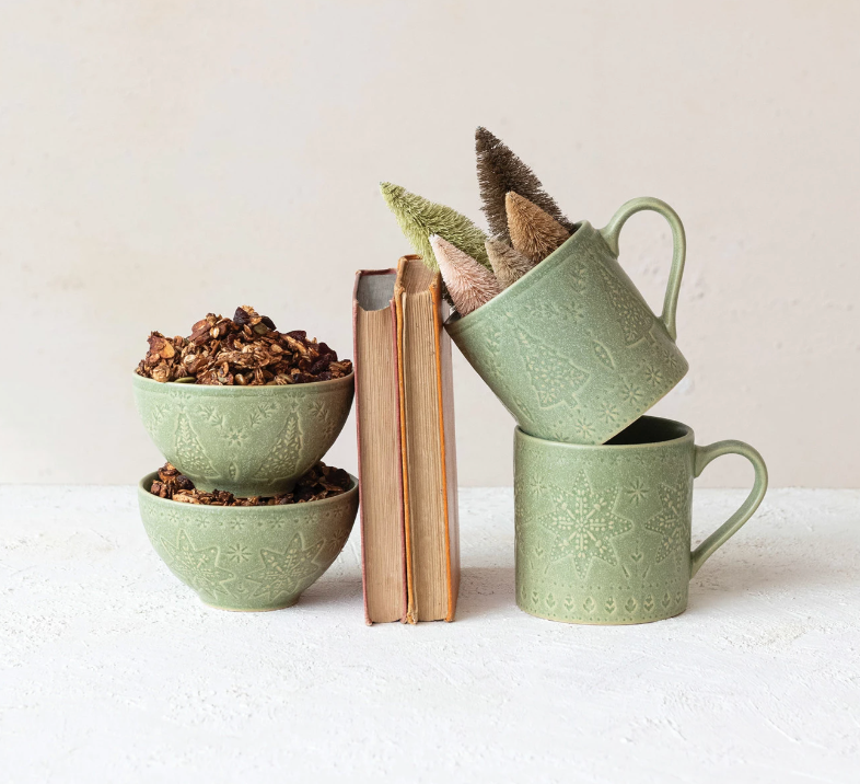 Green Debossed Stoneware Mug, 2 Styles