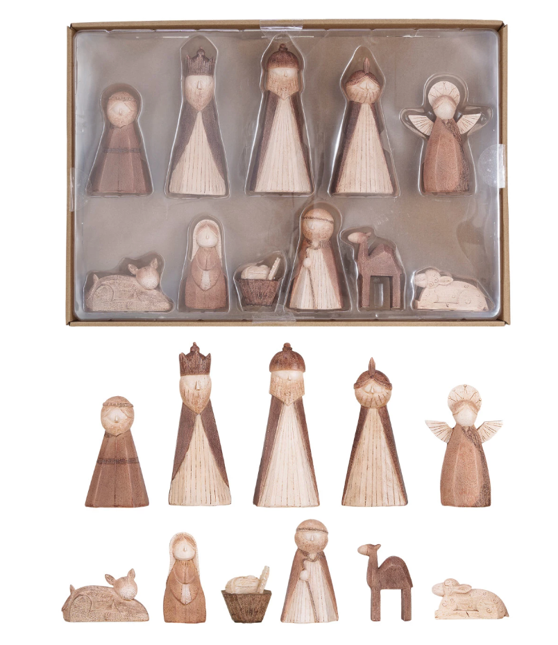 Boxed Resin Nativity w/ Wood Finish, Set of 11