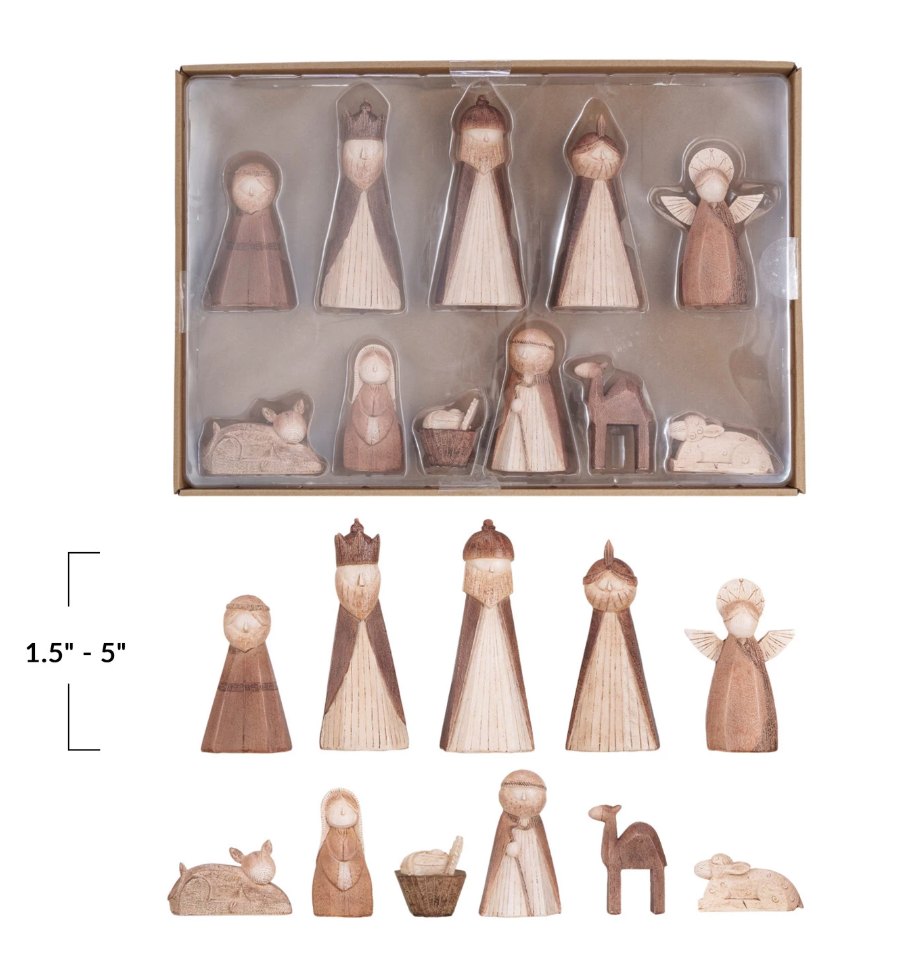 Boxed Resin Nativity w/ Wood Finish, Set of 11