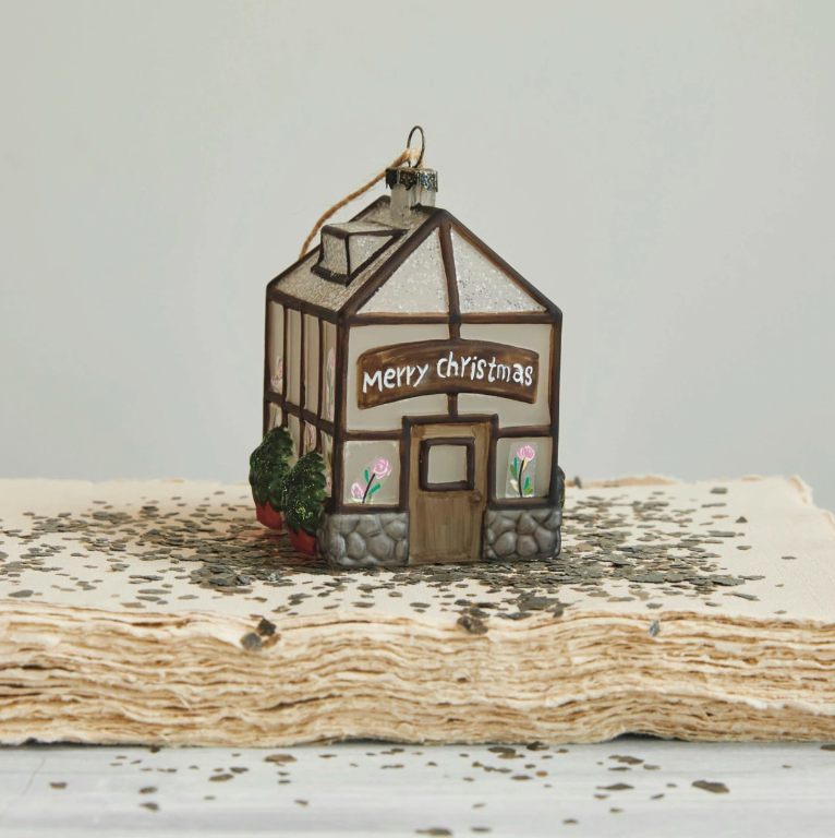 Hand-Painted Glass Greenhouse Ornament w/ Glitter "Merry Christmas"