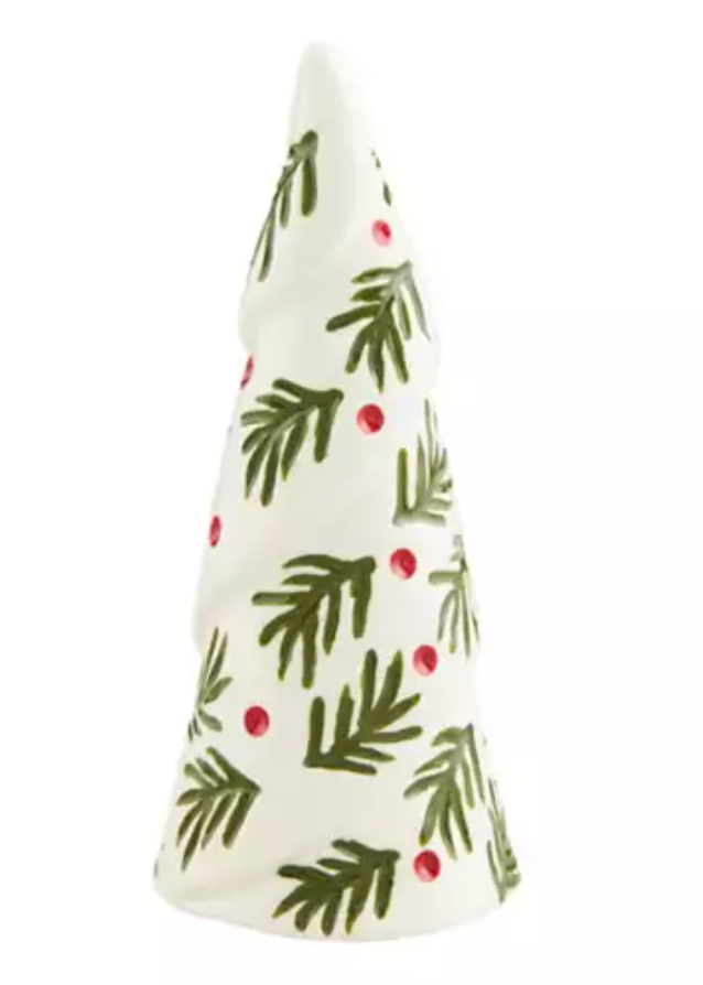 White Ceramic Tree Sitter w/ Hand-Painted Holly Leaves & Berries