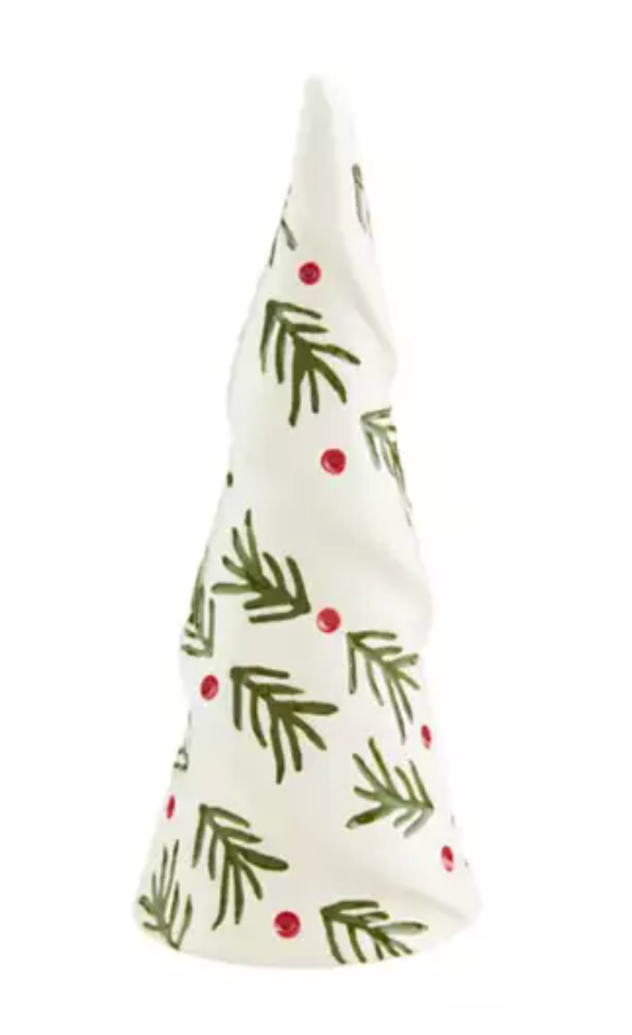 White Ceramic Tree Sitter w/ Hand-Painted Holly Leaves & Berries