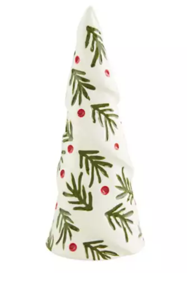 White Ceramic Tree Sitter w/ Hand-Painted Holly Leaves & Berries