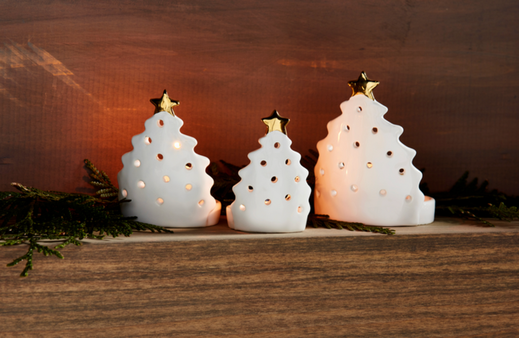 Christmas Tree Votive Holders, White & Gold, Set of 3