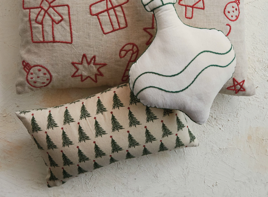 16"x 9" Lumbar Pillow w/ Christmas Tree Print, Natural, Green & Red