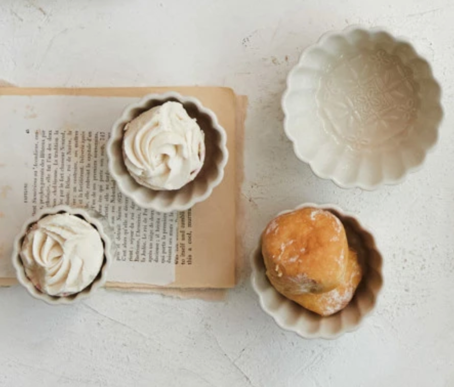 Embossed Stoneware Fluted Bowls w/ Holiday Pattern, Cream, Set of 4