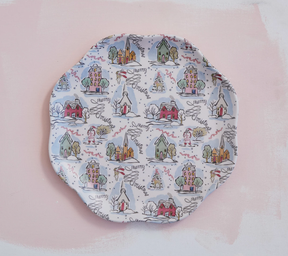 Scalloped Melamine Plate w/ Holiday Houses