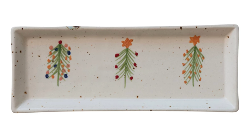 Hand-Painted Stoneware Platter w/ Christmas Trees, Multi Color Speckled