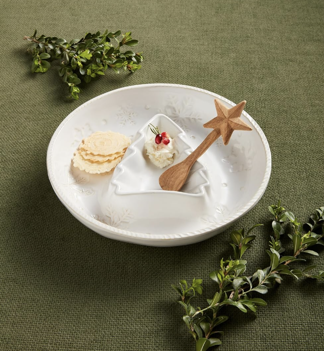 Snowflake Chip and Tree Dip Bowl w/ Wooden Spoon, White