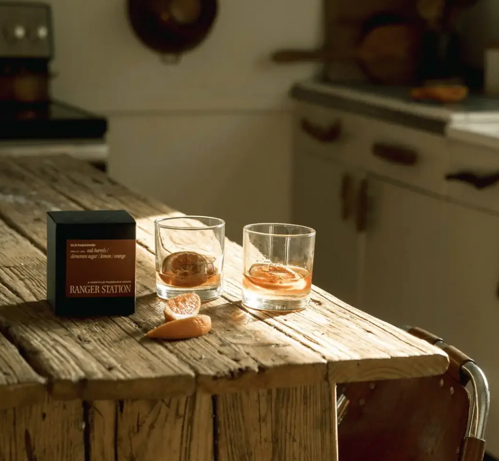 Ranger Station "Leather + Pine" Whiskey Glass Boxed Candle, 8 Ounces