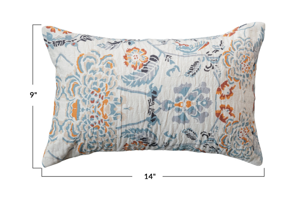 14" Cotton Lumbar Pillow w/ Multicolor Floral Pattern