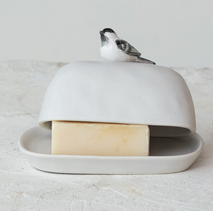 Stoneware Butter dish w/ Bird Finial