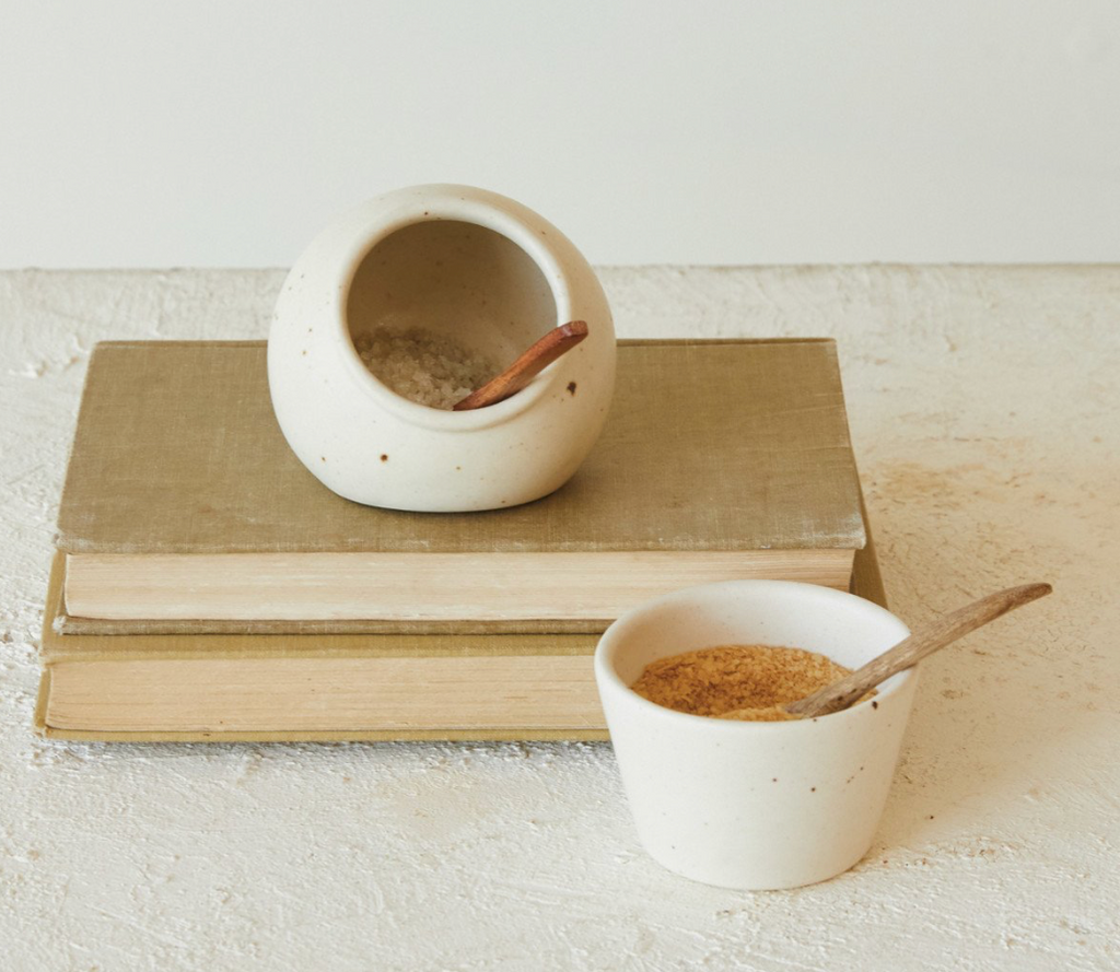 Speckled Stoneware Salt Cellar w/ Wood Spoon