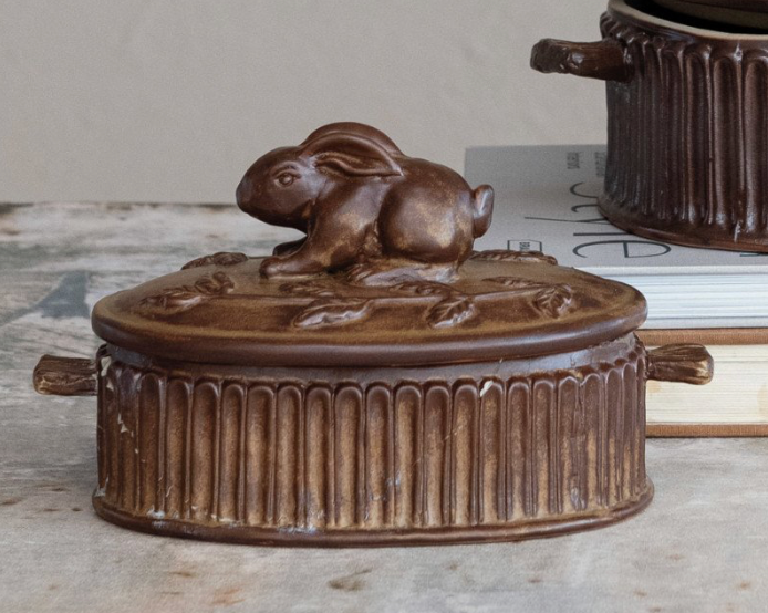 Brown Stoneware Baker w/ Rabbit on Lid