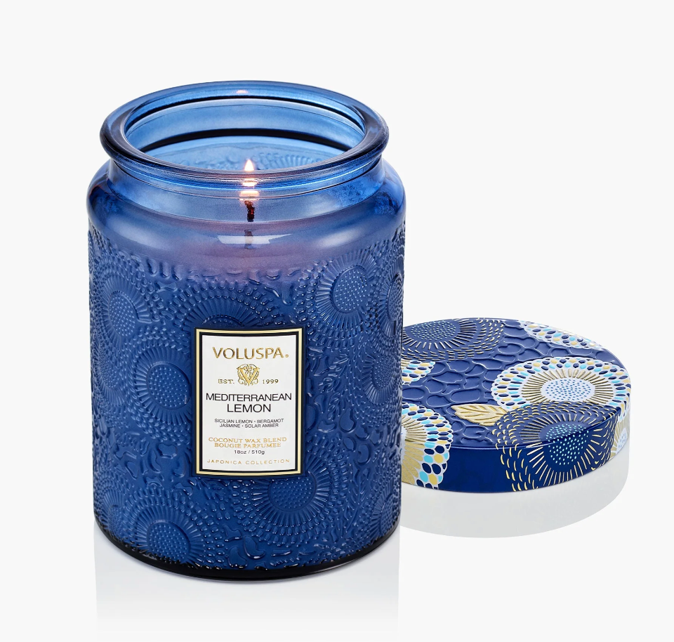 Voluspa Mediterranean Lemon Large Embossed Glass Jar Candle, 18 Ounces