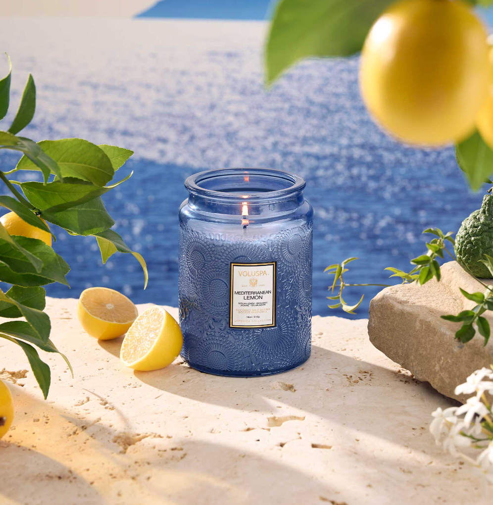 Voluspa Mediterranean Lemon Large Embossed Glass Jar Candle, 18 Ounces