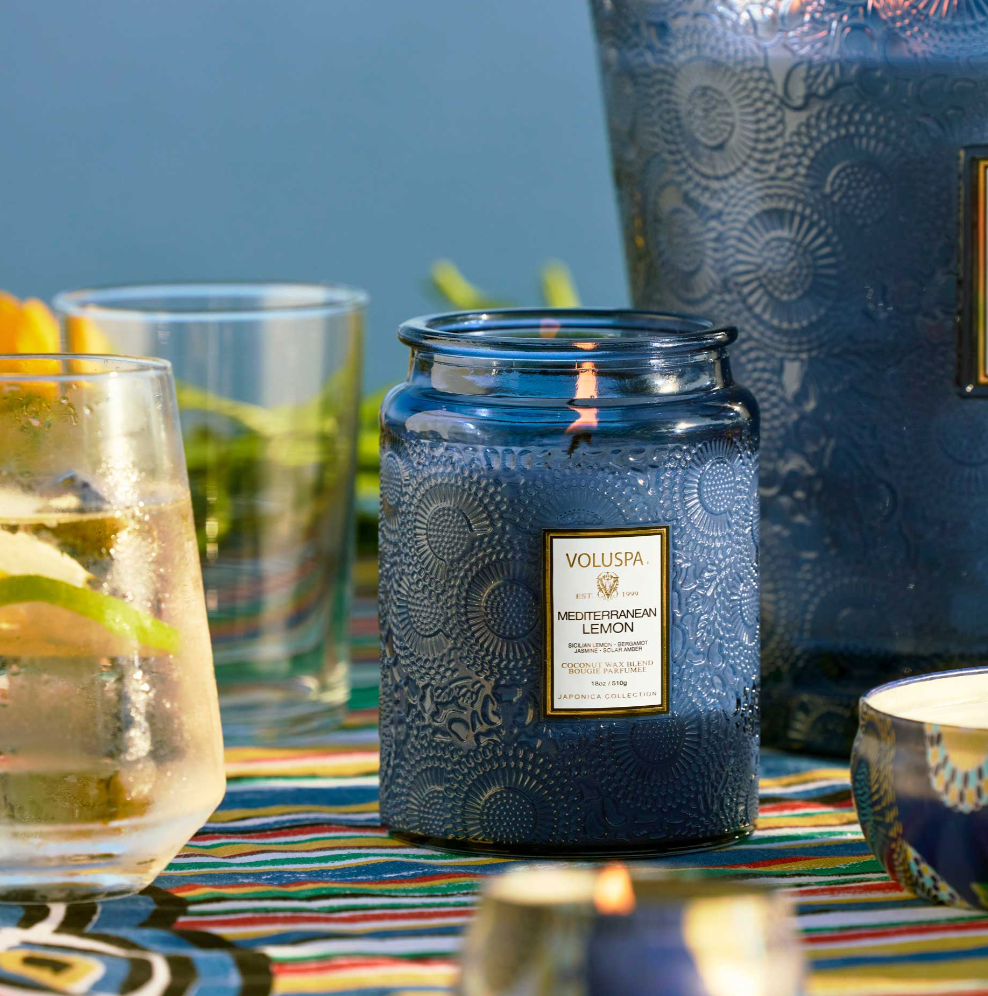 Voluspa Mediterranean Lemon Large Embossed Glass Jar Candle, 18 Ounces
