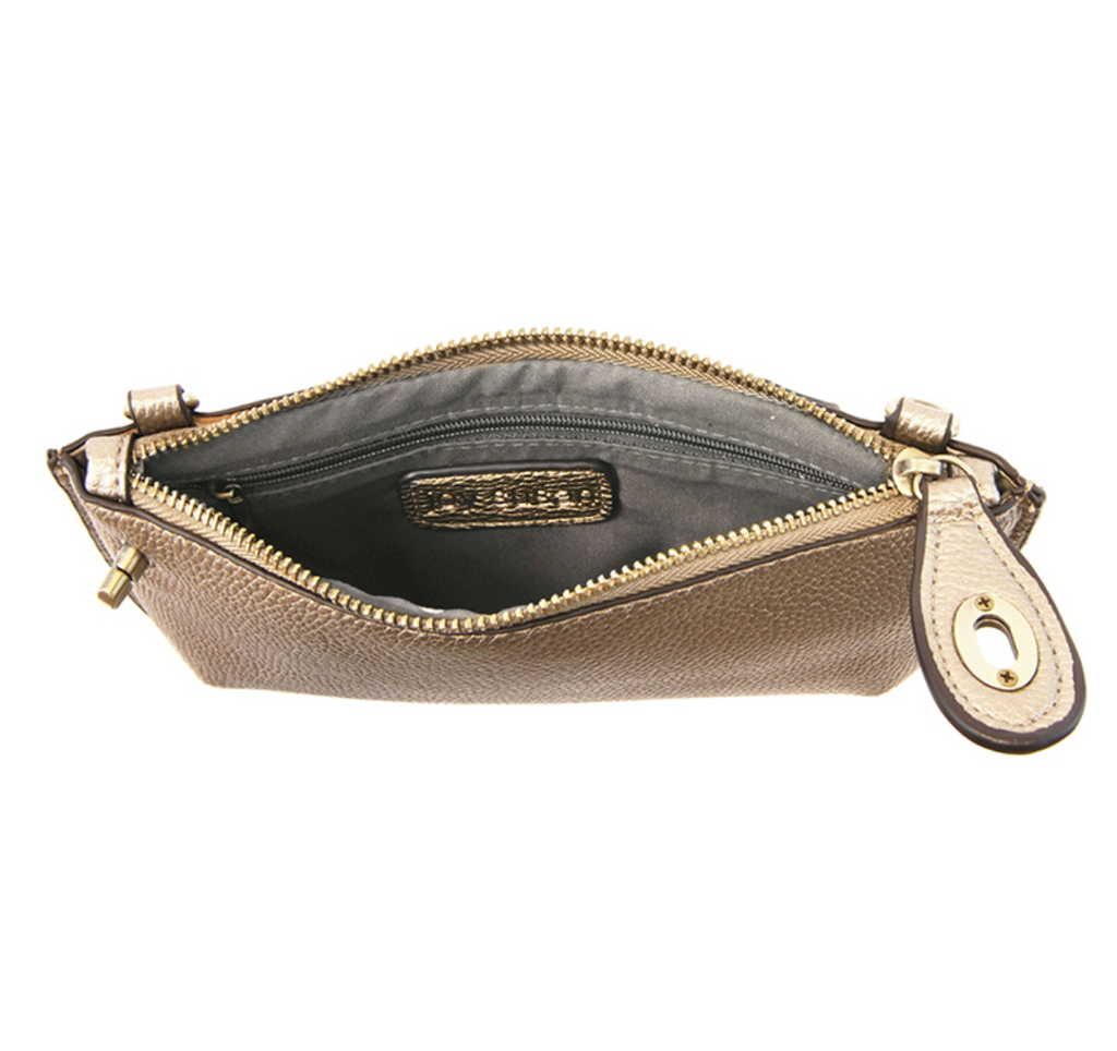 Joy Susan Mini Crossbody Wristlet Clutch ~ Metallic Light Bronze