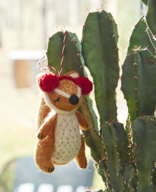 Felt Squirrel Ornament w/ Red Pom Ear Muffs