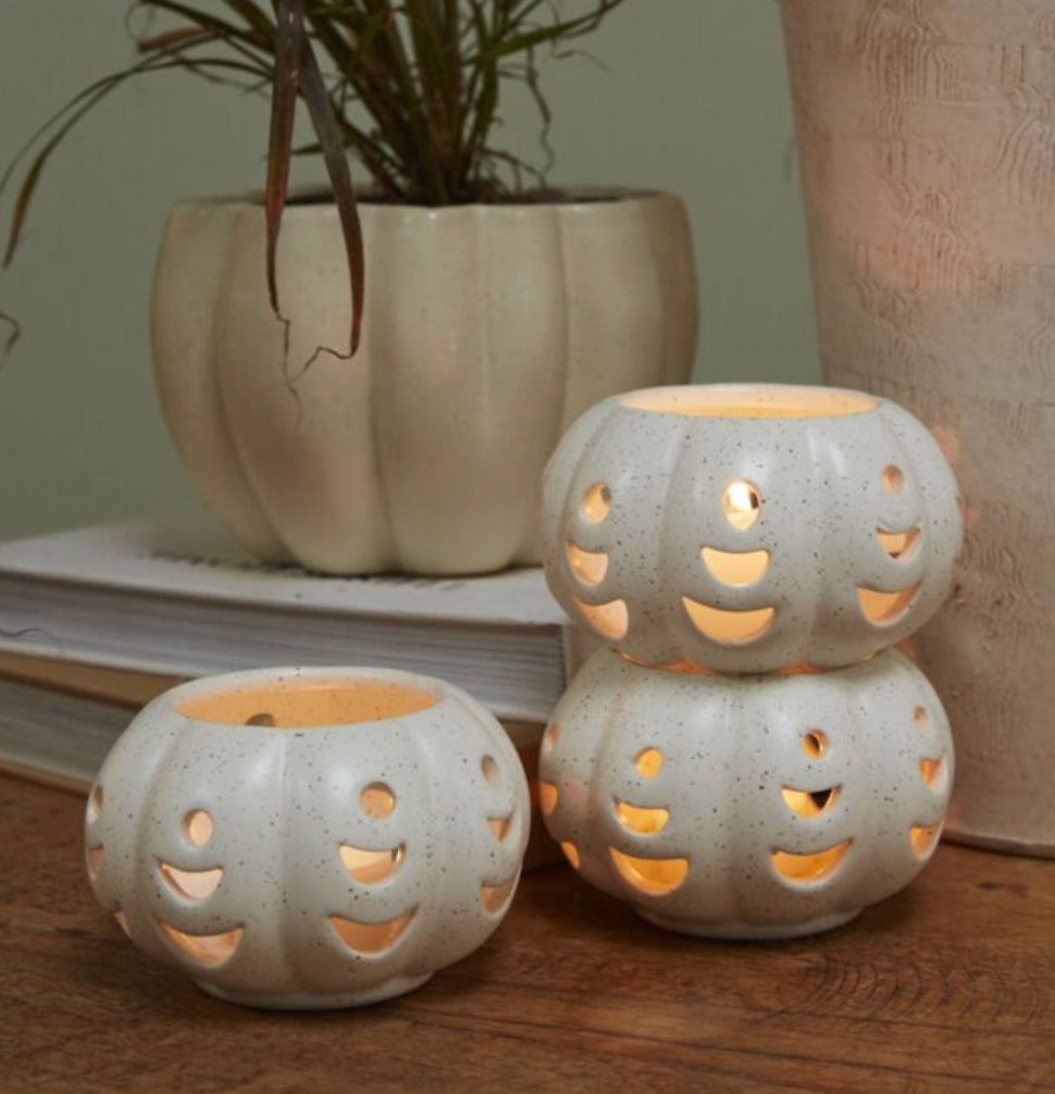 Ceramic Pumpkin Shaped Votive w/ Crescent Cutouts