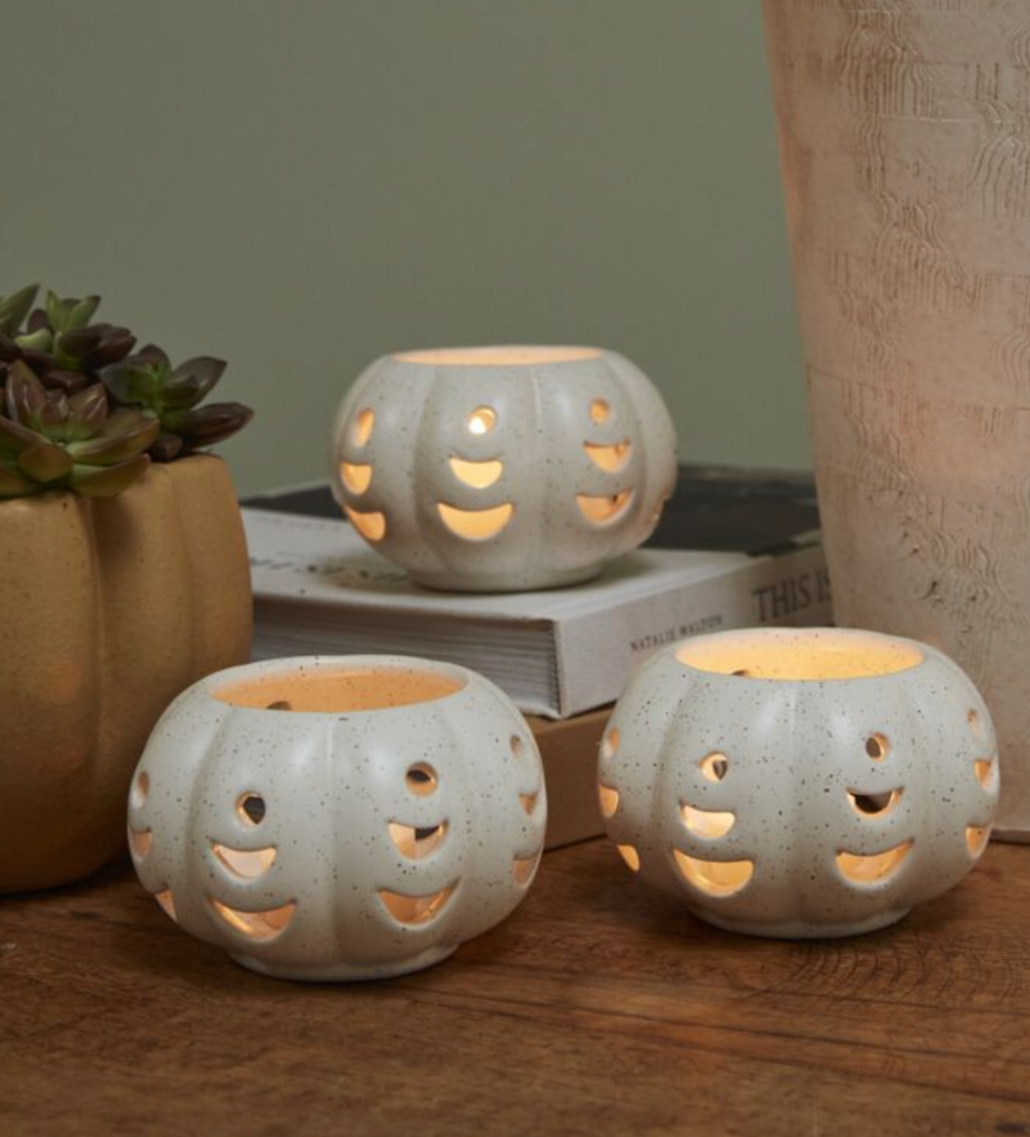 Ceramic Pumpkin Shaped Votive w/ Crescent Cutouts