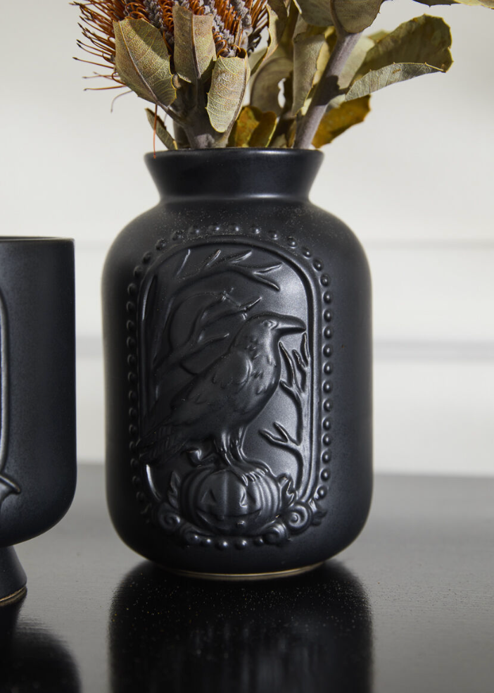 Matte Black Ceramic Vase w/ Raised Raven Design