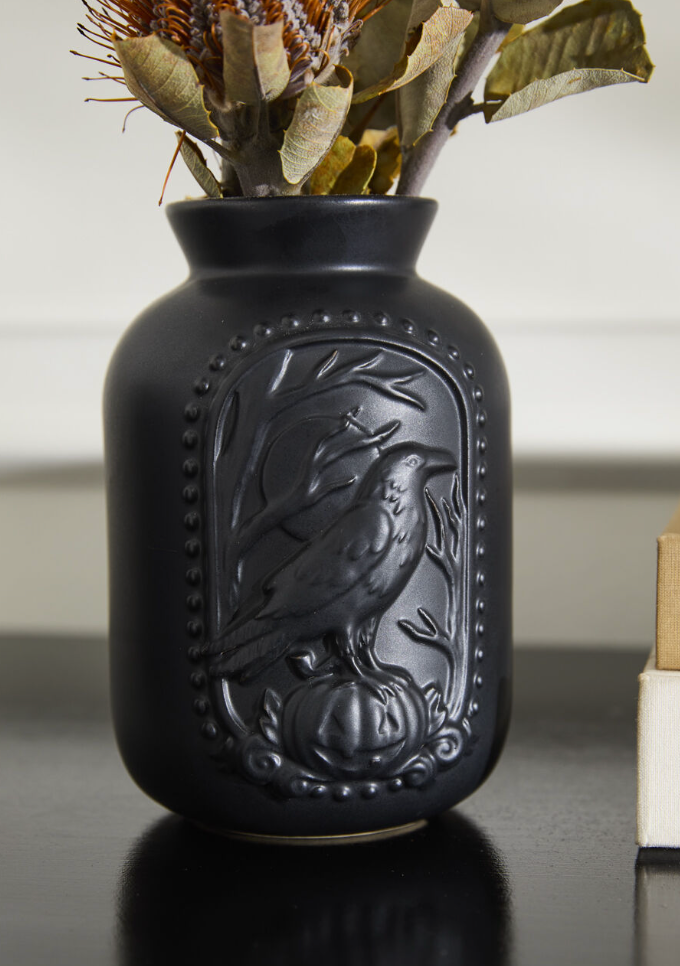 Matte Black Ceramic Vase w/ Raised Raven Design