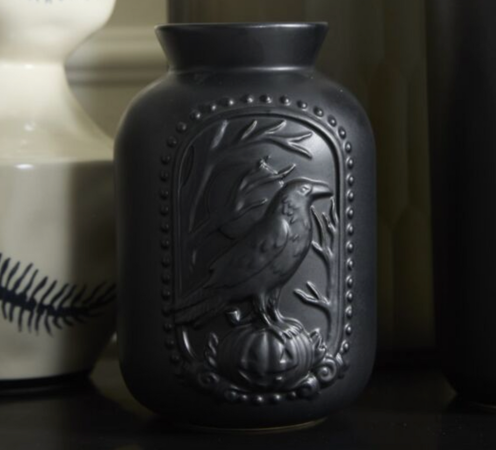 Matte Black Ceramic Vase w/ Raised Raven Design