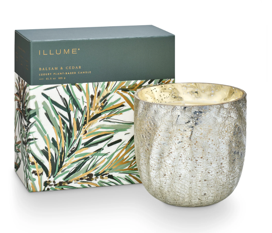 Illume Balsam & Cedar Large Boxed Crackle Glass Candle