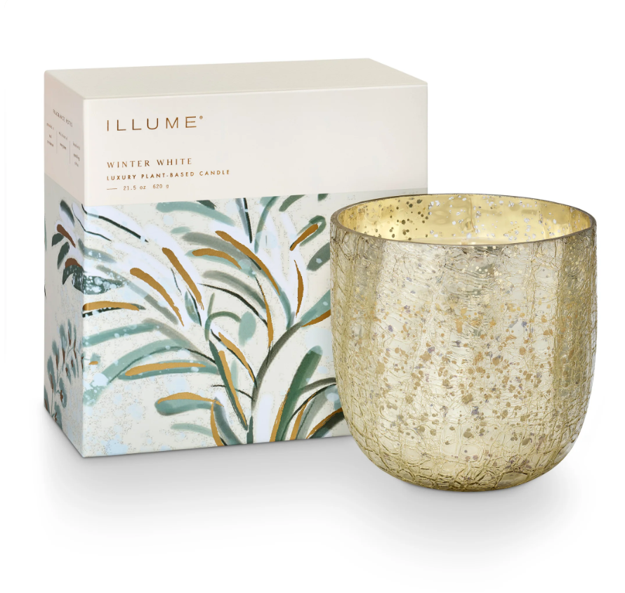 Illume Winter White Large Boxed Crackle Glass Candle