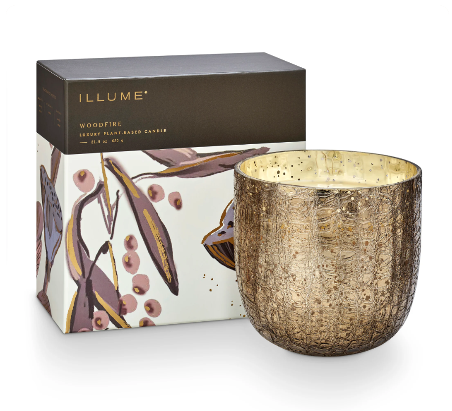 Illume Woodfire Large Boxed Crackle Glass Candle