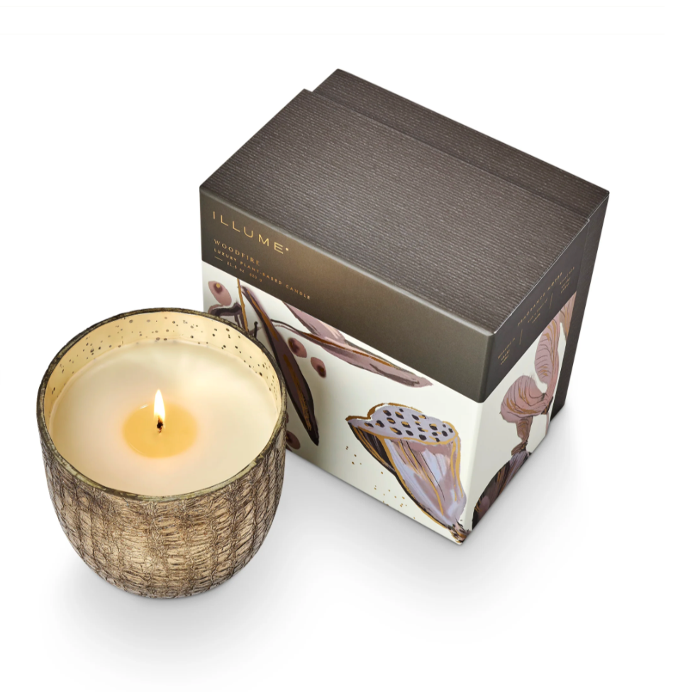 Illume Woodfire Large Boxed Crackle Glass Candle